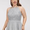 Semi-formal & Cocktail | A-line Scoop Knee-Length Lace Chiffon Cocktail Dress With Pleated Silver – Womens