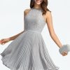 Semi-formal & Cocktail | A-line Scoop Knee-Length Lace Chiffon Cocktail Dress With Pleated Silver – Womens