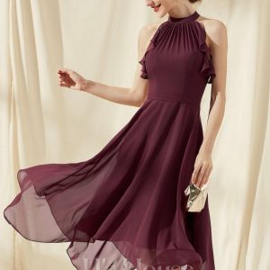 Semi-formal & Cocktail | A-line Scoop Tea-Length Chiffon Cocktail Dress With Cascading Ruffles Cabernet – Womens