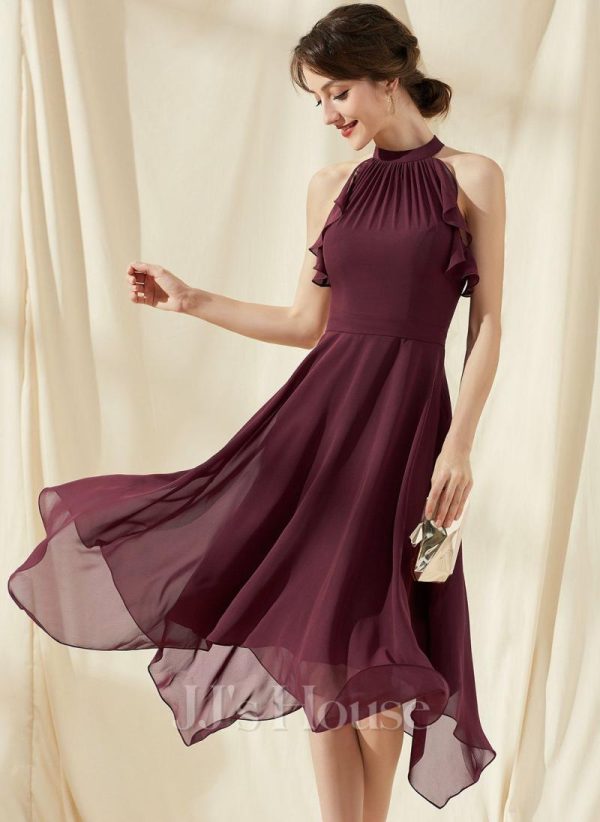 Semi-formal & Cocktail | A-line Scoop Tea-Length Chiffon Cocktail Dress With Cascading Ruffles Cabernet – Womens