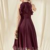 Semi-formal & Cocktail | A-line Scoop Tea-Length Chiffon Cocktail Dress With Cascading Ruffles Cabernet – Womens