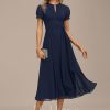 Semi-formal & Cocktail | A-line Scoop Tea-Length Chiffon Cocktail Dress With Pleated As Picture – Womens