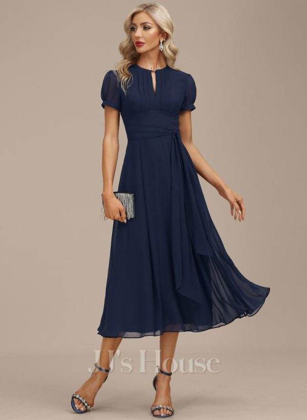 Semi-formal & Cocktail | A-line Scoop Tea-Length Chiffon Cocktail Dress With Pleated As Picture – Womens