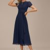 Semi-formal & Cocktail | A-line Scoop Tea-Length Chiffon Cocktail Dress With Pleated As Picture – Womens