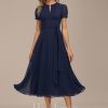 Semi-formal & Cocktail | A-line Scoop Tea-Length Chiffon Cocktail Dress With Pleated As Picture – Womens