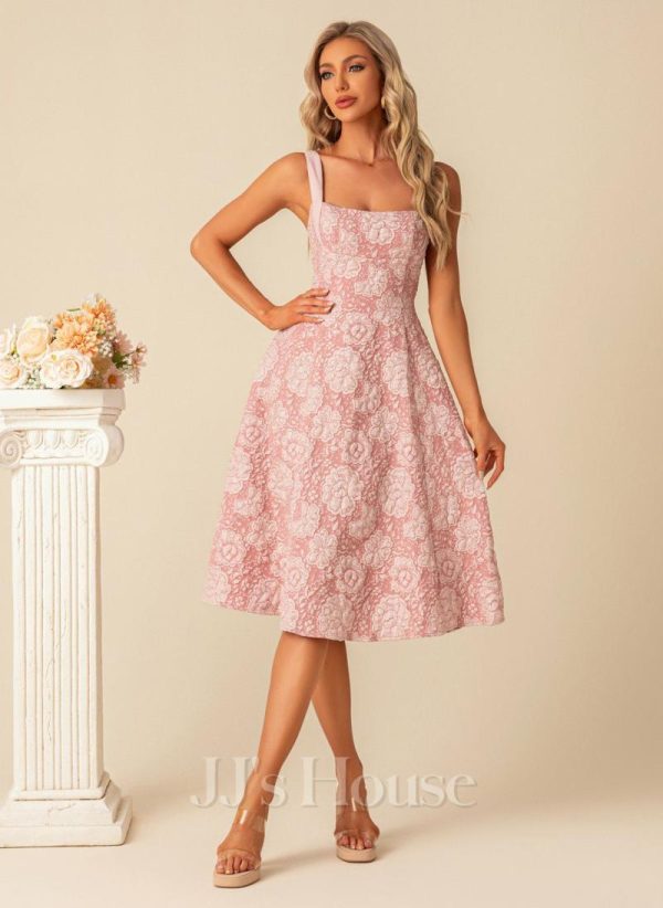 Semi-formal & Cocktail | A-line Square Knee-Length Polyester Cocktail Dress With Bow Flower Pink – Womens