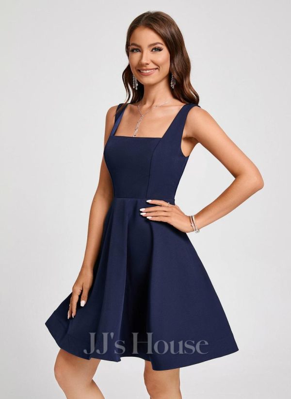 Semi-formal & Cocktail | A-line Square Knee-Length Stretch Crepe Cocktail Dress Dark Navy – Womens