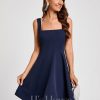 Semi-formal & Cocktail | A-line Square Knee-Length Stretch Crepe Cocktail Dress Dark Navy – Womens