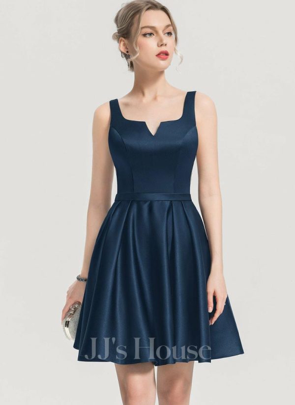 Semi-formal & Cocktail | A-line Square Short Satin Cocktail Dress Dark Navy – Womens