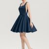 Semi-formal & Cocktail | A-line Square Short Satin Cocktail Dress Dark Navy – Womens