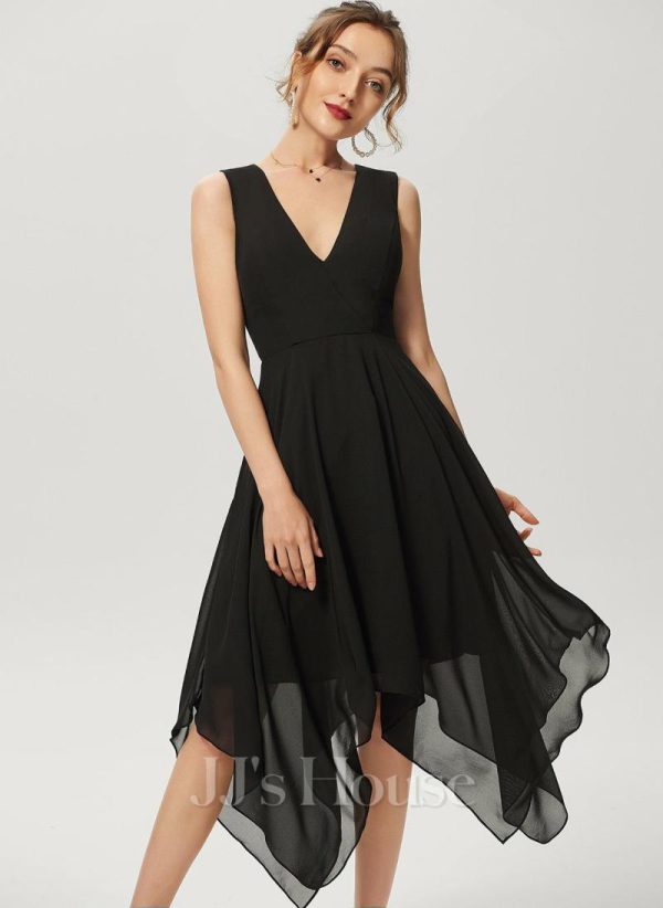 Semi-formal & Cocktail | A-line V-Neck Asymmetrical Chiffon Cocktail Dress Black – Womens