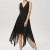 Semi-formal & Cocktail | A-line V-Neck Asymmetrical Chiffon Cocktail Dress Black – Womens