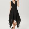 Semi-formal & Cocktail | A-line V-Neck Asymmetrical Chiffon Cocktail Dress Black – Womens