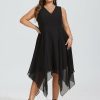 Semi-formal & Cocktail | A-line V-Neck Asymmetrical Chiffon Cocktail Dress Black – Womens