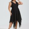 Semi-formal & Cocktail | A-line V-Neck Asymmetrical Chiffon Cocktail Dress Black – Womens