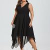 Semi-formal & Cocktail | A-line V-Neck Asymmetrical Chiffon Cocktail Dress Black – Womens