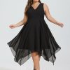 Semi-formal & Cocktail | A-line V-Neck Asymmetrical Chiffon Cocktail Dress Black – Womens