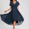 Semi-formal & Cocktail | A-line V-Neck Asymmetrical Chiffon Cocktail Dress Dark Navy – Womens