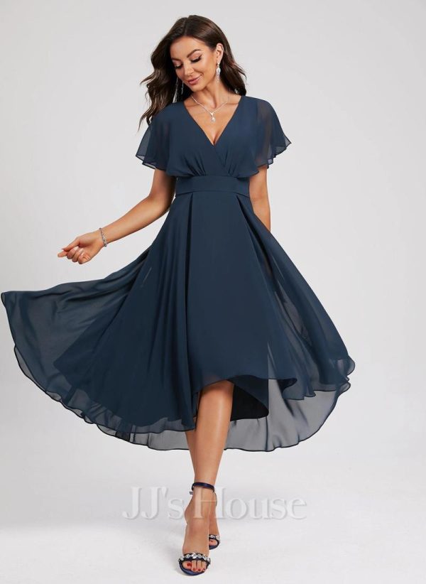 Semi-formal & Cocktail | A-line V-Neck Asymmetrical Chiffon Cocktail Dress Dark Navy – Womens