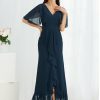 Semi-formal & Cocktail | A-line V-Neck Asymmetrical Chiffon Cocktail Dress Dark Navy – Womens