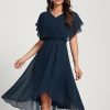 Semi-formal & Cocktail | A-line V-Neck Asymmetrical Chiffon Cocktail Dress Dark Navy – Womens