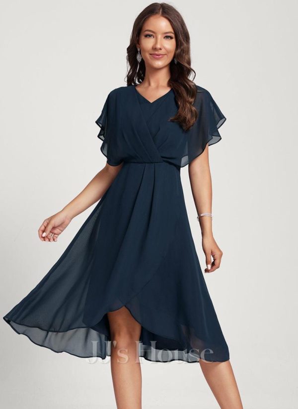 Semi-formal & Cocktail | A-line V-Neck Asymmetrical Chiffon Cocktail Dress Dark Navy – Womens