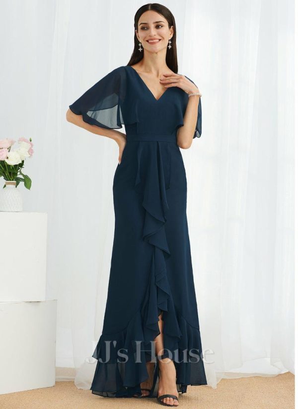 Semi-formal & Cocktail | A-line V-Neck Asymmetrical Chiffon Cocktail Dress Dark Navy – Womens