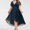 Semi-formal & Cocktail | A-line V-Neck Asymmetrical Chiffon Cocktail Dress Dark Navy – Womens