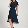 Semi-formal & Cocktail | A-line V-Neck Asymmetrical Chiffon Cocktail Dress Dark Navy – Womens