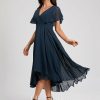 Semi-formal & Cocktail | A-line V-Neck Asymmetrical Chiffon Cocktail Dress Dark Navy – Womens