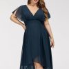 Semi-formal & Cocktail | A-line V-Neck Asymmetrical Chiffon Cocktail Dress Dark Navy – Womens