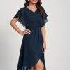 Semi-formal & Cocktail | A-line V-Neck Asymmetrical Chiffon Cocktail Dress Dark Navy – Womens