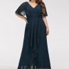 Semi-formal & Cocktail | A-line V-Neck Asymmetrical Chiffon Cocktail Dress Dark Navy – Womens