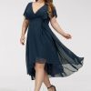 Semi-formal & Cocktail | A-line V-Neck Asymmetrical Chiffon Cocktail Dress Dark Navy – Womens