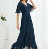 Semi-formal & Cocktail | A-line V-Neck Asymmetrical Chiffon Cocktail Dress Dark Navy – Womens