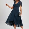 Semi-formal & Cocktail | A-line V-Neck Asymmetrical Chiffon Cocktail Dress Dark Navy – Womens