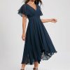 Semi-formal & Cocktail | A-line V-Neck Asymmetrical Chiffon Cocktail Dress Dark Navy – Womens