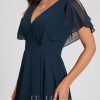 Semi-formal & Cocktail | A-line V-Neck Asymmetrical Chiffon Cocktail Dress Dark Navy – Womens