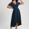 Semi-formal & Cocktail | A-line V-Neck Asymmetrical Chiffon Cocktail Dress Dark Navy – Womens