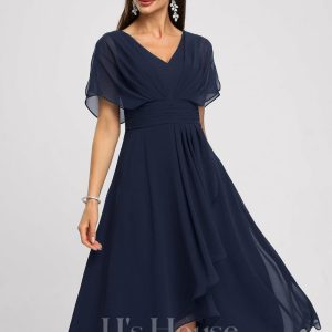 Semi-formal & Cocktail | A-line V-Neck Asymmetrical Chiffon Cocktail Dress With Cascading Ruffles As Picture – Womens