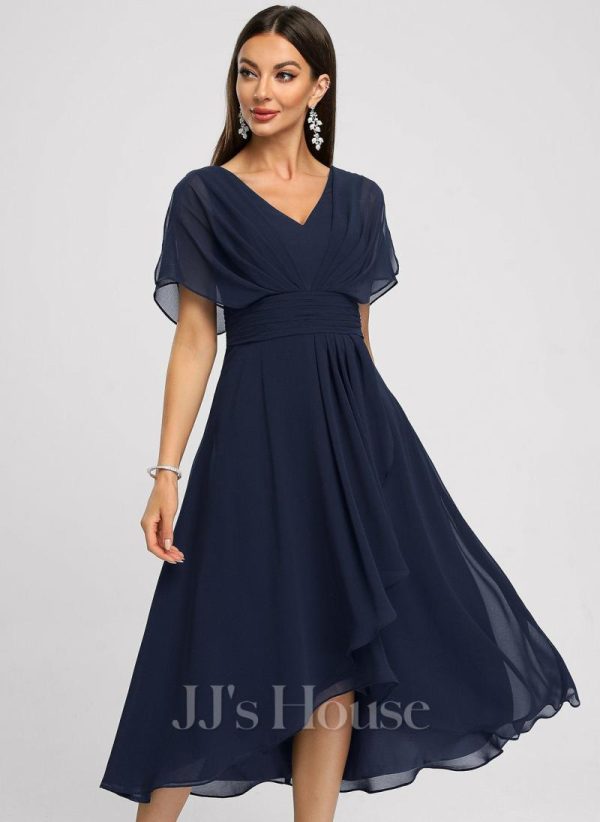 Semi-formal & Cocktail | A-line V-Neck Asymmetrical Chiffon Cocktail Dress With Cascading Ruffles As Picture – Womens