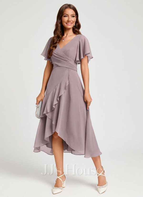 Semi-formal & Cocktail | A-line V-Neck Asymmetrical Chiffon Cocktail Dress With Cascading Ruffles Ruffle Dusk – Womens