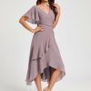 Semi-formal & Cocktail | A-line V-Neck Asymmetrical Chiffon Cocktail Dress With Cascading Ruffles Ruffle Dusk – Womens