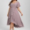 Semi-formal & Cocktail | A-line V-Neck Asymmetrical Chiffon Cocktail Dress With Cascading Ruffles Ruffle Dusk – Womens