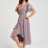 Semi-formal & Cocktail | A-line V-Neck Asymmetrical Chiffon Cocktail Dress With Cascading Ruffles Ruffle Dusk – Womens