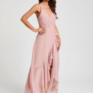 Semi-formal & Cocktail | A-line V-Neck Asymmetrical Chiffon Cocktail Dress With Cascading Ruffles Ruffle Dusty Rose – Womens