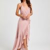 Semi-formal & Cocktail | A-line V-Neck Asymmetrical Chiffon Cocktail Dress With Cascading Ruffles Ruffle Dusty Rose – Womens