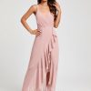 Semi-formal & Cocktail | A-line V-Neck Asymmetrical Chiffon Cocktail Dress With Cascading Ruffles Ruffle Dusty Rose – Womens