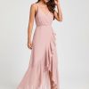 Semi-formal & Cocktail | A-line V-Neck Asymmetrical Chiffon Cocktail Dress With Cascading Ruffles Ruffle Dusty Rose – Womens