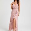 Semi-formal & Cocktail | A-line V-Neck Asymmetrical Chiffon Cocktail Dress With Cascading Ruffles Ruffle Dusty Rose – Womens